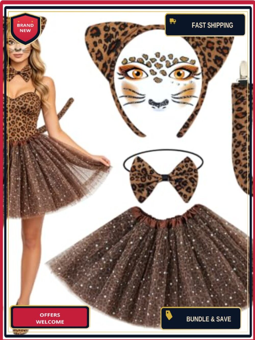 Cheetah Costume Set Plush Headband Tail Tutu Bowtie Halloween